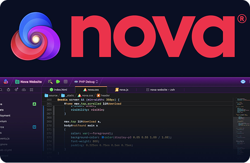 Nova — logo rouge et violet avec spirale, interface de podcast et conférences sur fond sombre
