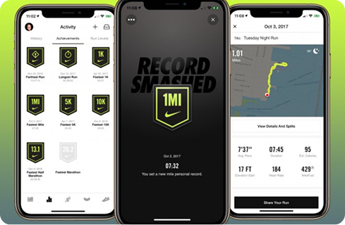 Nike Run Club — interface mobile avec badge «Record Smashed», statistiques de course et carte de parcours