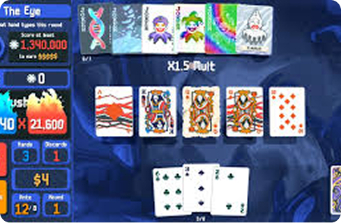 Balatro — interface de jeu de cartes avec cartes, jetons et statistiques, thème sombre et dynamique